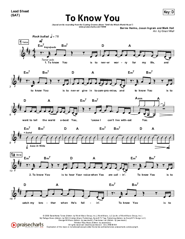 To Know You Lead Sheet (Casting Crowns)