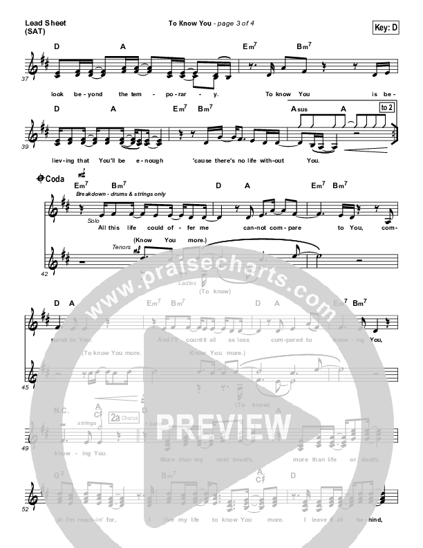 To Know You Lead Sheet (Casting Crowns)