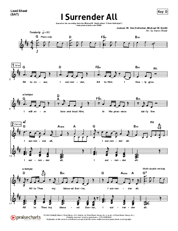 I Surrender All Lead Sheet (SAT) (Michael W. Smith)