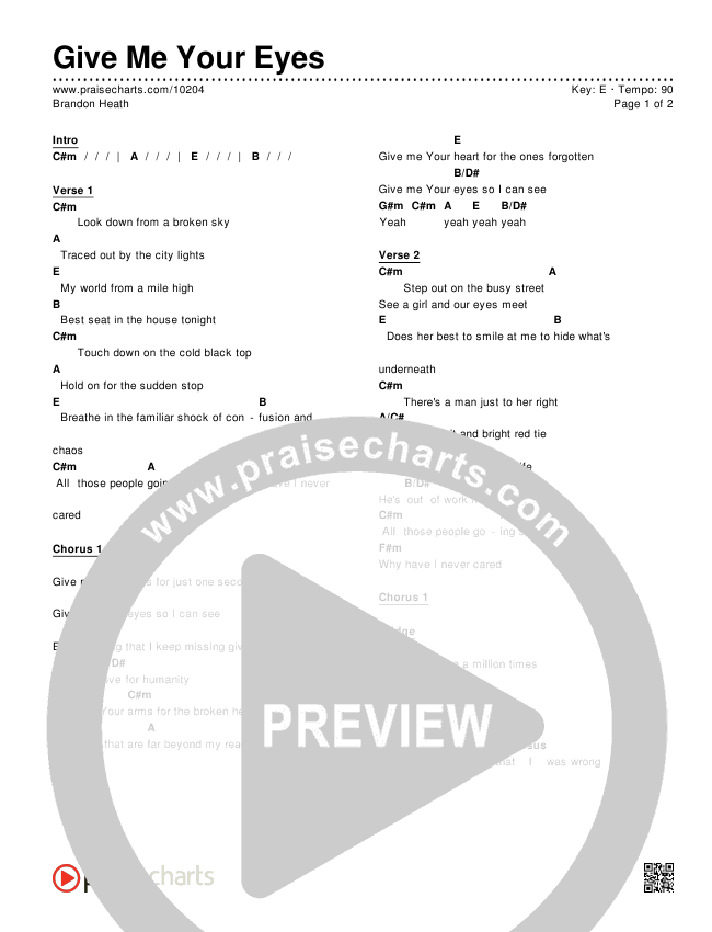 Give Me Your Eyes Chord Chart Editable Brandon Heath Praisecharts