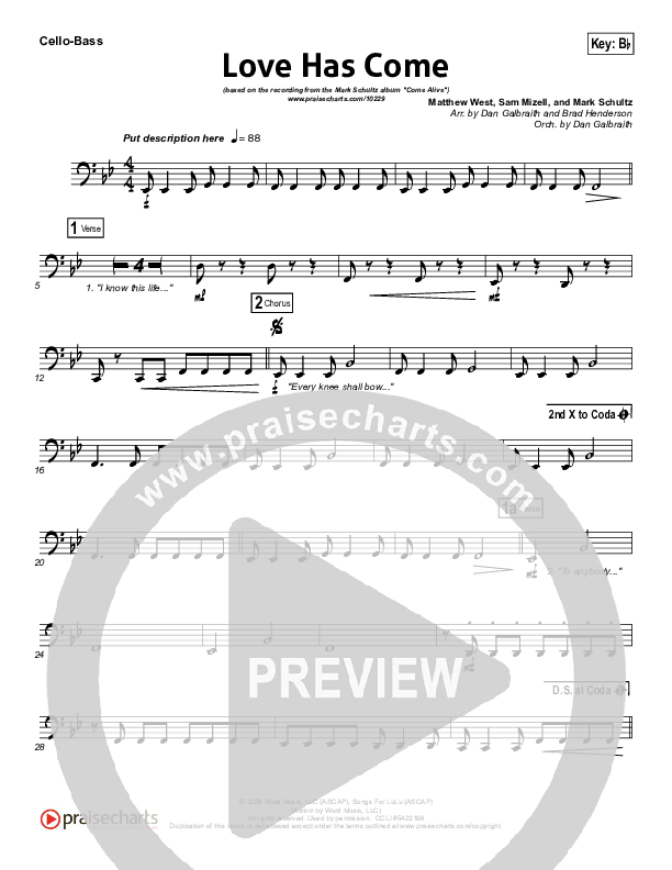 Love Has Come Cello/Bass (Mark Schultz)