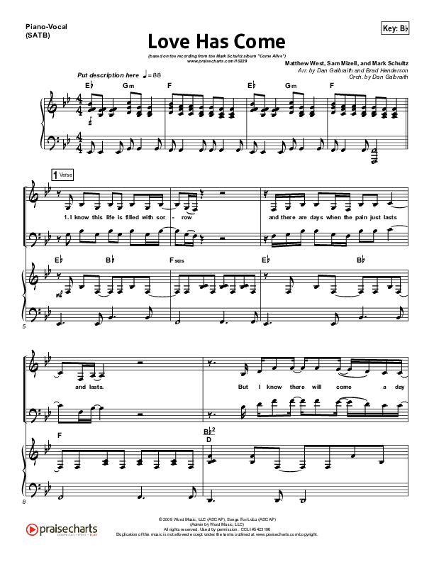 Love Has Come Piano/Vocal (Mark Schultz)