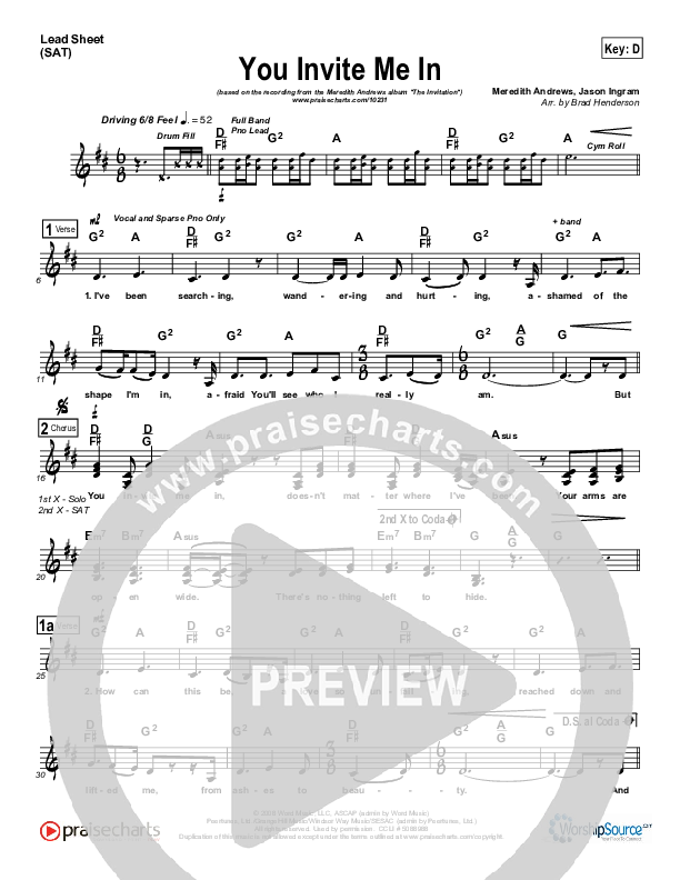 You Invite Me In Lead Sheet (SAT) (Meredith Andrews)