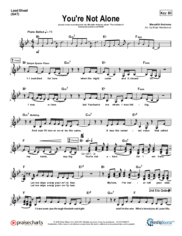 You're Not Alone Lead Sheet (SAT) (Meredith Andrews)