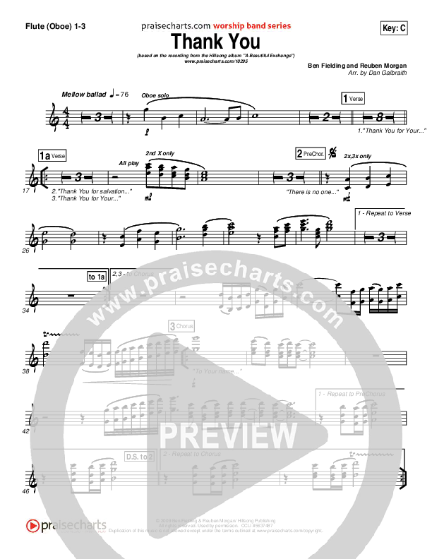 Thank You Flute/Oboe Sheet Music PDF (Hillsong Worship) PraiseCharts