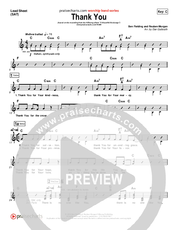 Thank You Lead Sheet (Hillsong Worship)
