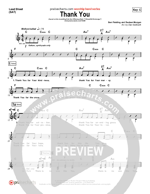 Thank You Lead Sheet (SAT) (Hillsong Worship)