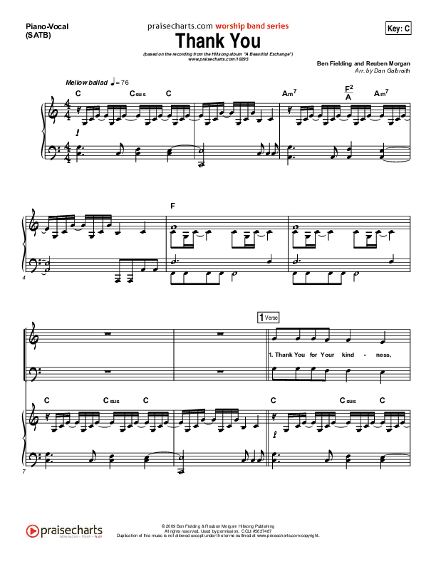 Thank You Piano/Vocal (SATB) (Hillsong Worship)