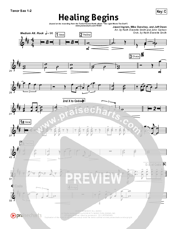Healing Begins Tenor Sax 1/2 (Tenth Avenue North)