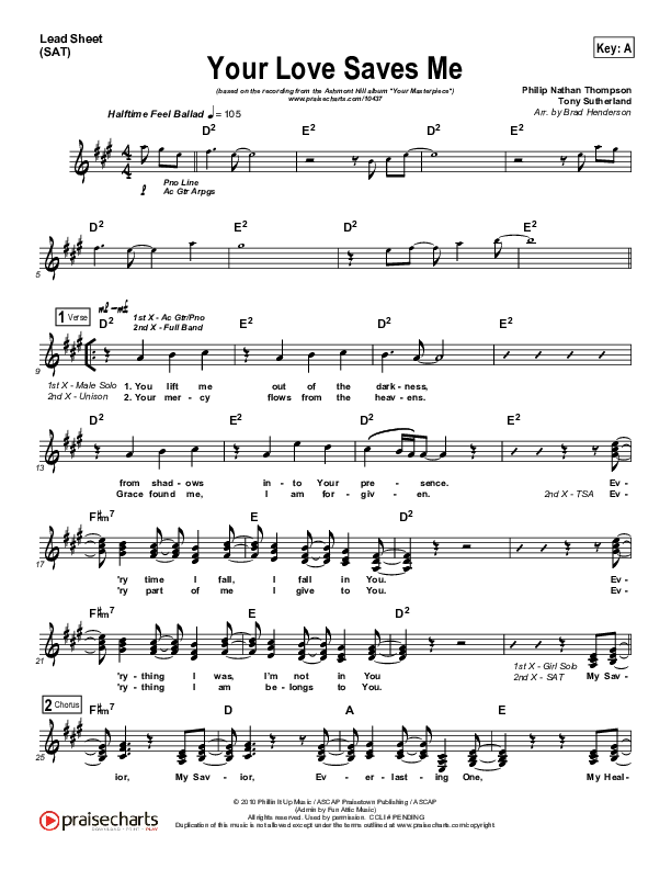 Your Love Saves Me Lead Sheet (SAT) (Ashmont Hill)
