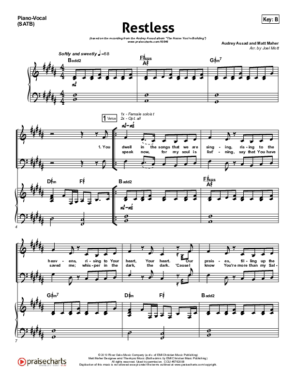 Restless Piano/Vocal (SATB) (Audrey Assad)