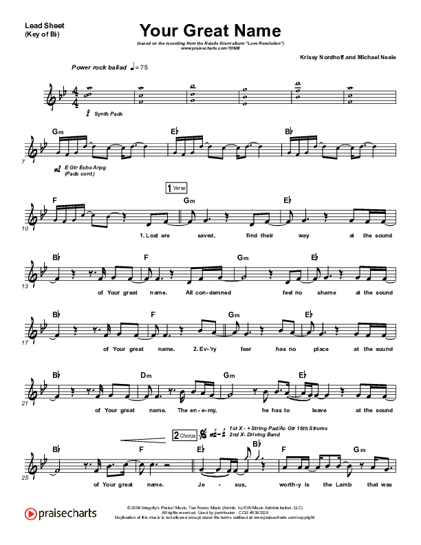 Your Great Name Lead Sheet (Melody) (Natalie Grant)