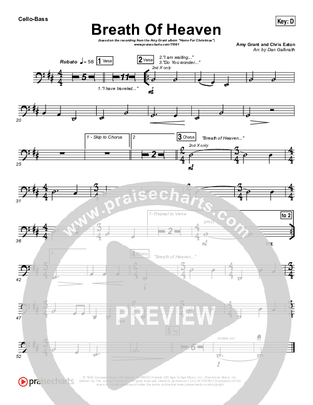 Breath Of Heaven (Mary's Song) Cello/Bass (Amy Grant)