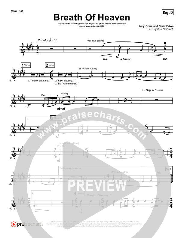 Breath Of Heaven (Mary's Song) Clarinet (Amy Grant)