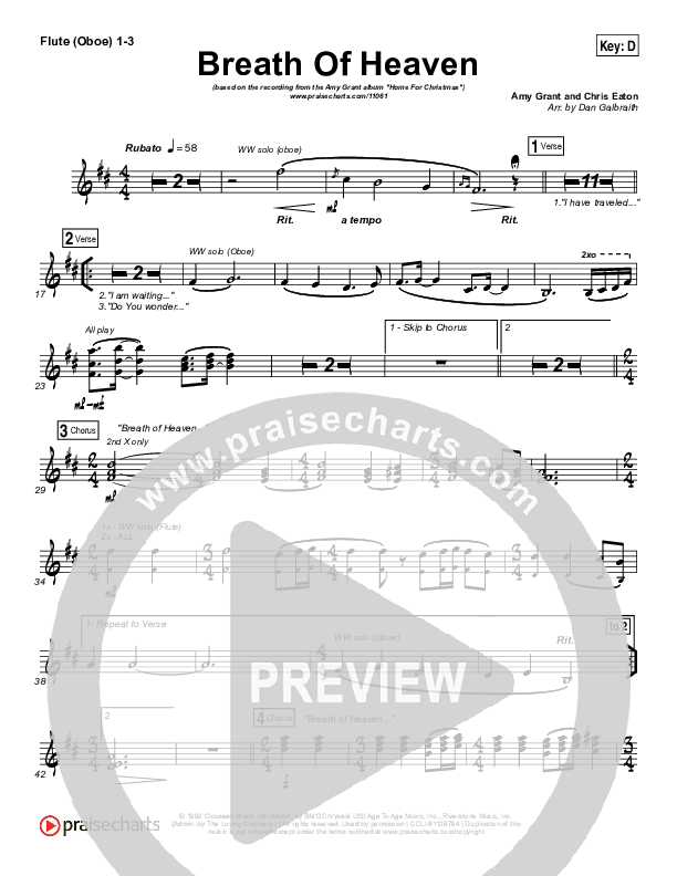 Breath Of Heaven (Mary's Song) Flute/Oboe 1/2/3 (Amy Grant)