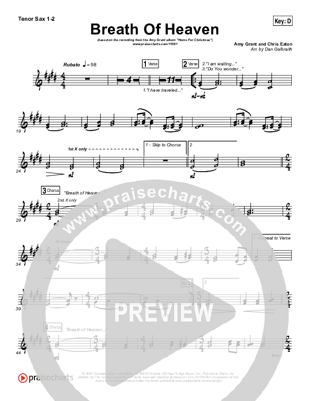 Breath Of Heaven (Mary's Song) Tenor Sax 1/2 (Amy Grant)
