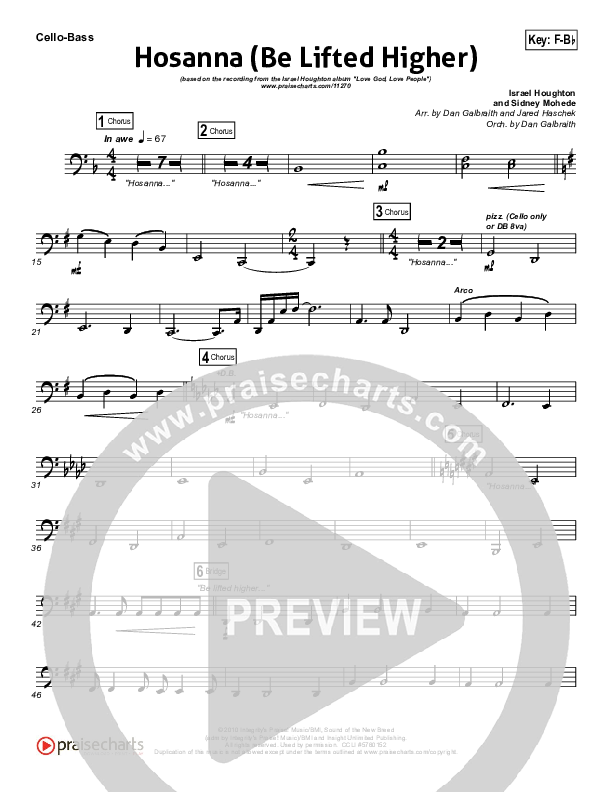 Hosanna (Be Lifted Higher) Cello/Bass (Israel Houghton)
