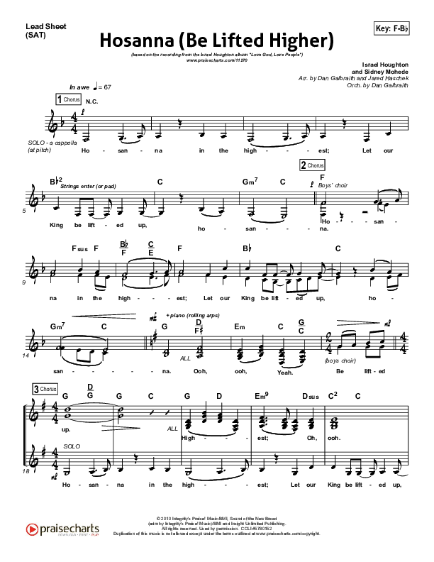 Hosanna (Be Lifted Higher) Lead Sheet (SAT) (Israel Houghton)