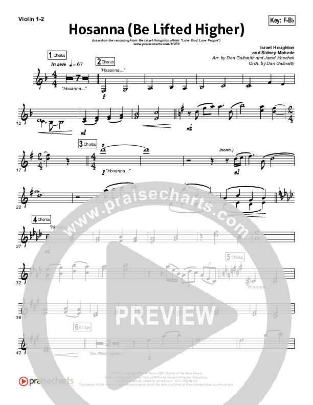 Hosanna (Be Lifted Higher) Violin 1/2 (Israel Houghton)