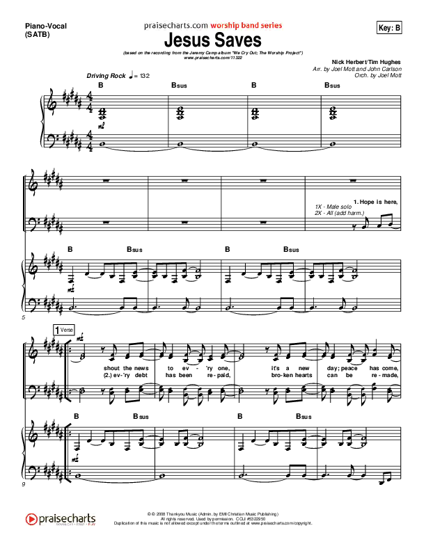 Jesus Saves Piano/Vocal (SATB) (Jeremy Camp)