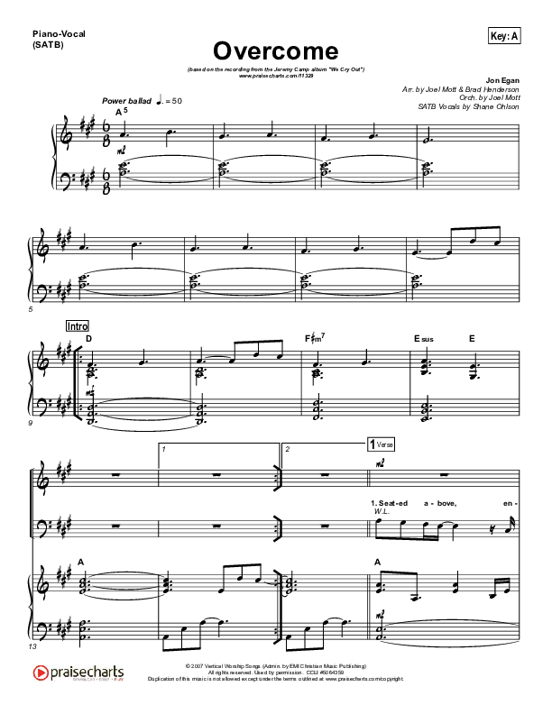 Overcome Piano/Vocal (SATB) (Jeremy Camp)
