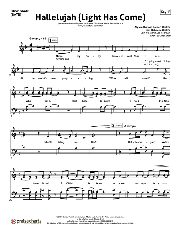 Hallelujah (Light Has Come) Choir Vocals (SATB) (BarlowGirl)