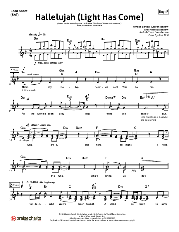 Hallelujah (Light Has Come) Lead Sheet (SAT) (BarlowGirl)