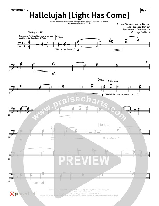Hallelujah (Light Has Come) Trombone 1/2 (BarlowGirl)