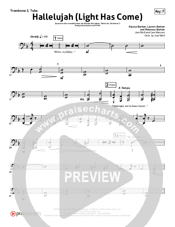 Hallelujah (Light Has Come) Trombone 3/Tuba (BarlowGirl)