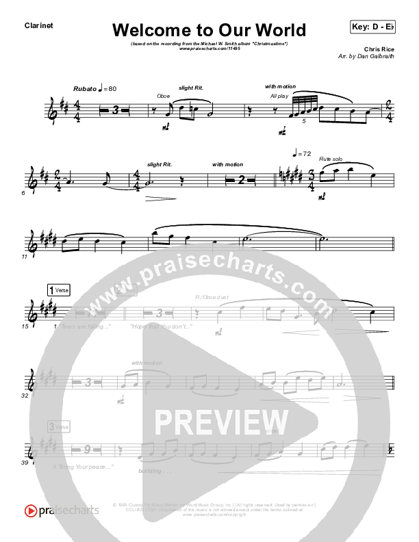 Welcome To Our World Clarinet (Michael W. Smith)