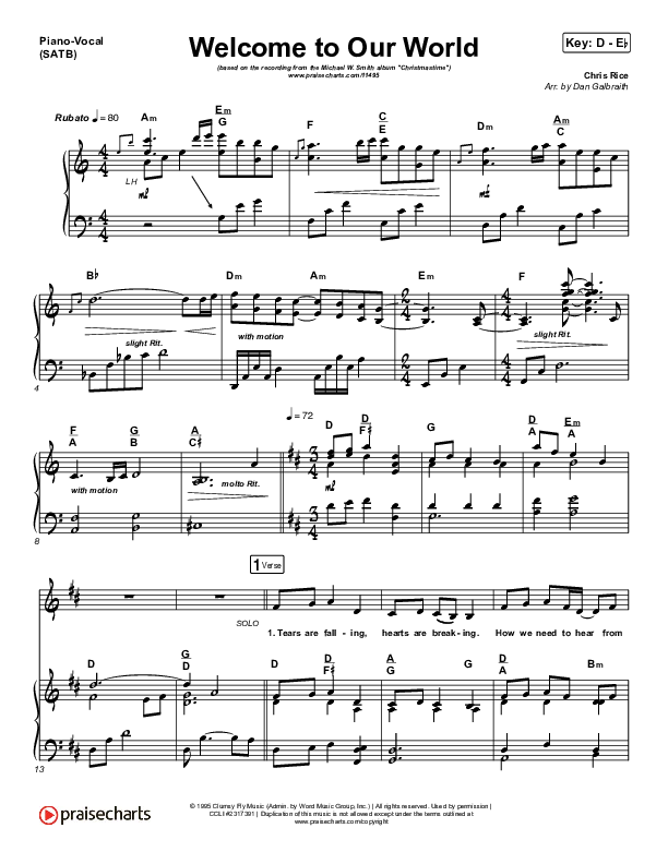 Welcome To Our World Piano/Vocal (SATB) (Michael W. Smith)