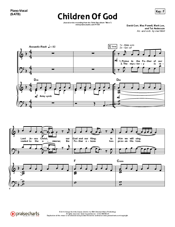 Children Of God Piano/Vocal (SATB) (Third Day)