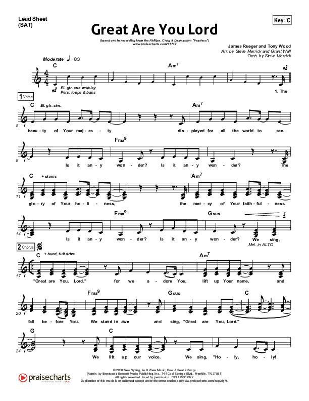 Great Are You Lord Lead Sheet (Phillips Craig & Dean)