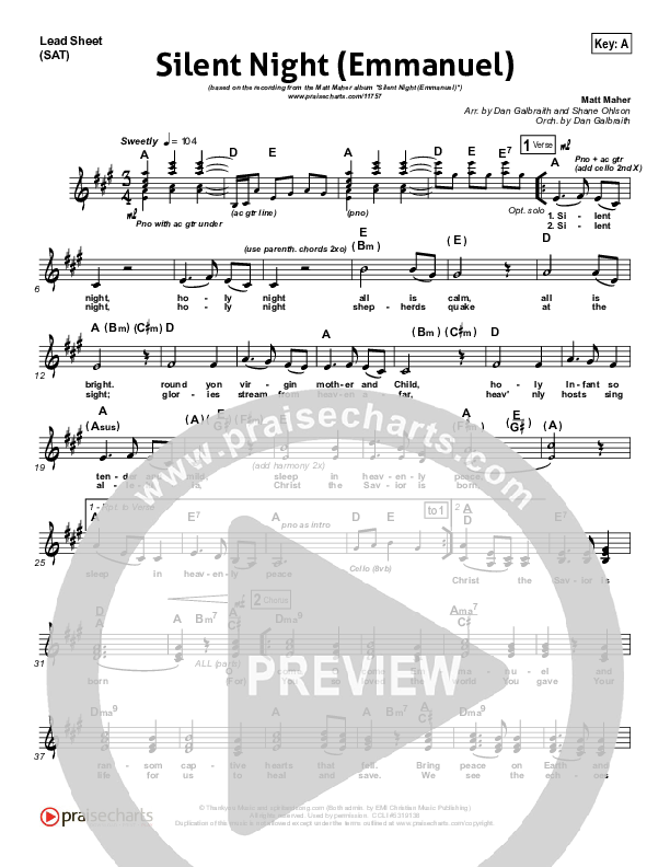 Silent Night (Emmanuel) Lead Sheet (SAT) (Matt Maher)