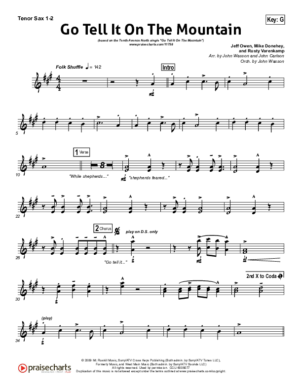 Go Tell It On The Mountain Tenor Sax 1/2 (Tenth Avenue North)