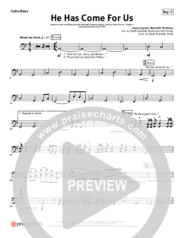 He Has Come For Us (God Rest Ye Merry Gentlemen) Cello/Bass (Meredith Andrews)