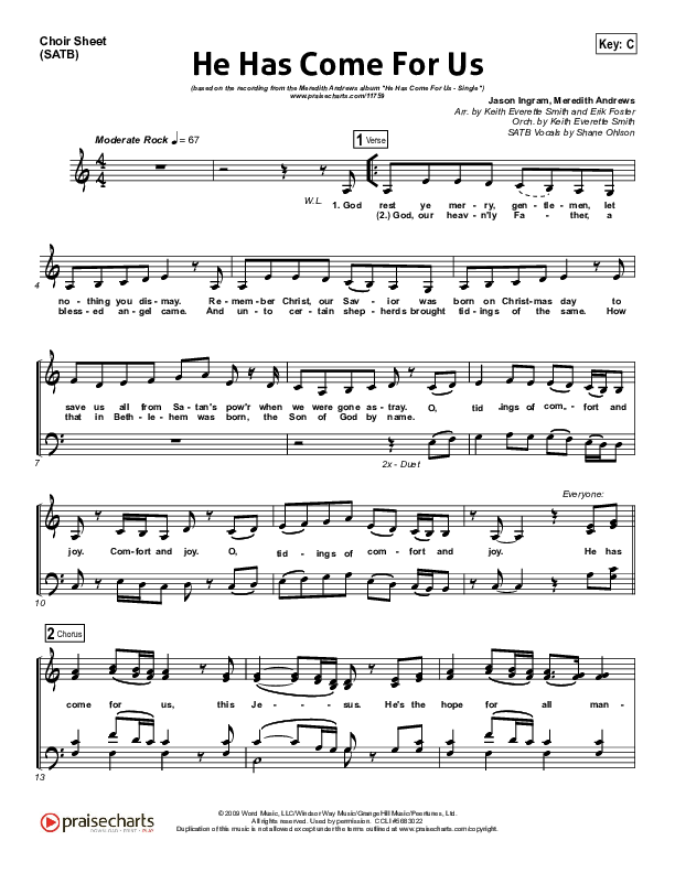 He Has Come For Us (God Rest Ye Merry Gentlemen) Choir Sheet (SATB) (Meredith Andrews)