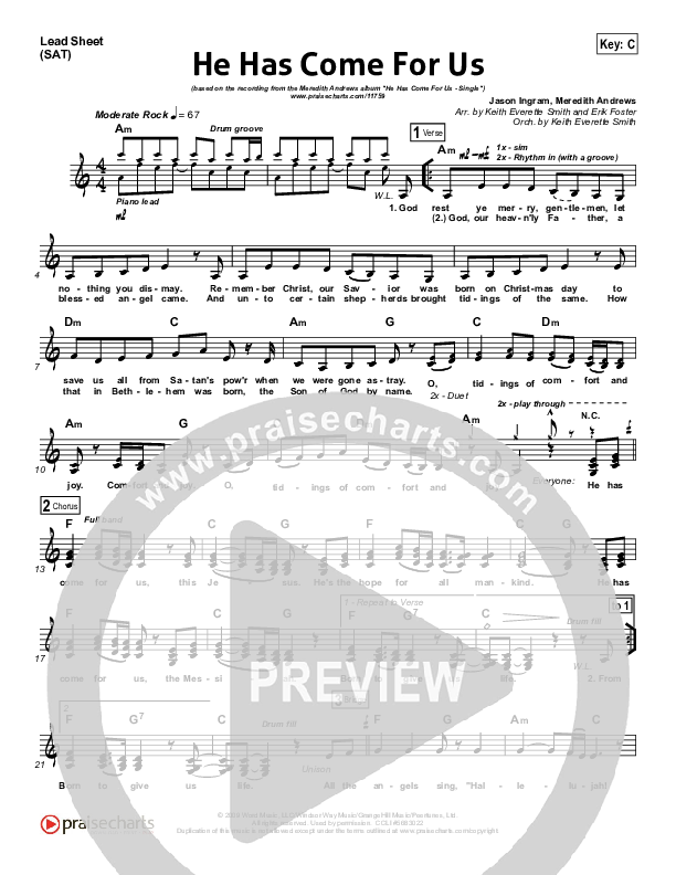 He Has Come For Us (God Rest Ye Merry Gentlemen) Lead Sheet (SAT) (Meredith Andrews)