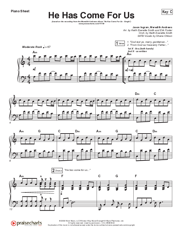 He Has Come For Us (God Rest Ye Merry Gentlemen) Piano Sheet (Meredith Andrews)