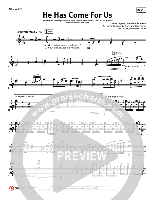 He Has Come For Us (God Rest Ye Merry Gentlemen) Violin 1/2 (Meredith Andrews)