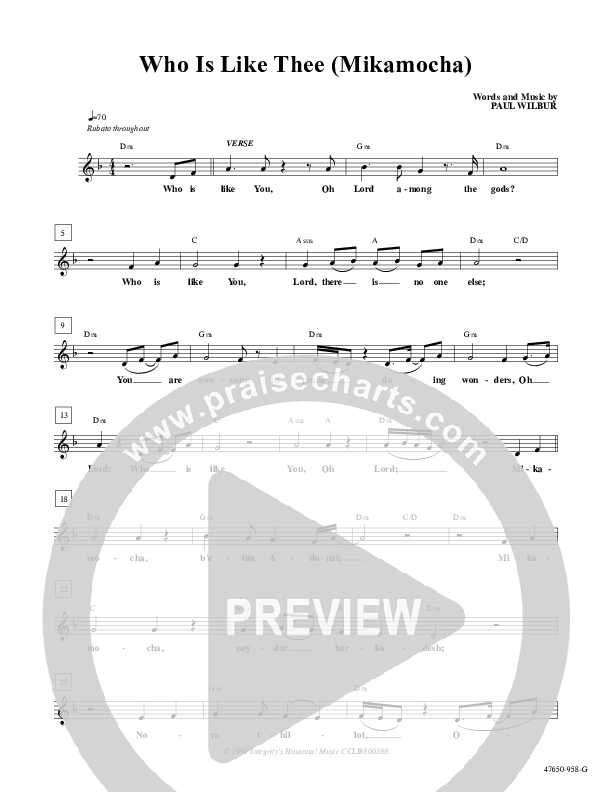 Who Is Like Thee (Mikamocha) Lead Sheet (Paul Wilbur)