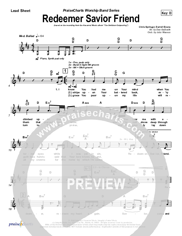 Redeemer Savior Friend Lead Sheet (SAT) (Darrell Evans)