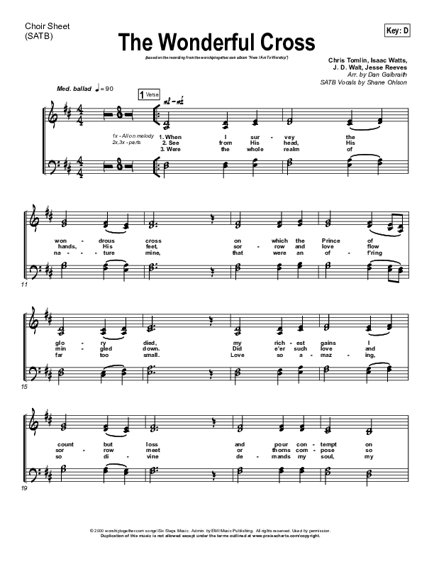 The Wonderful Cross Choir Sheet (SATB) (Chris Tomlin)