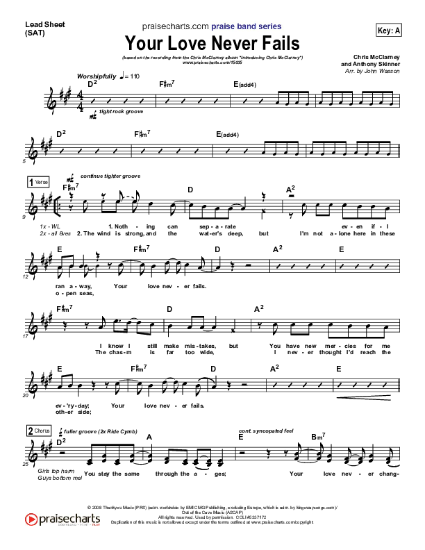 Your Love Never Fails Lead Sheet (SAT) (Chris McClarney)