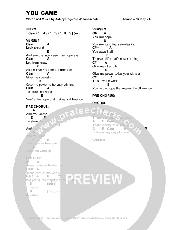 You Came Chords & Lyrics (As One Band / Relate Church)