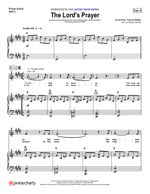 The Lord's Prayer Piano/Vocal (SAT) (Tommy Walker)