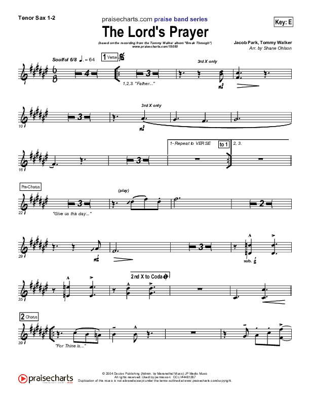 The Lord's Prayer Tenor Sax 1/2 (Tommy Walker)
