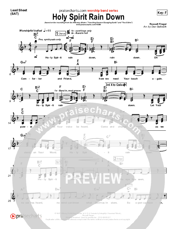 Holy Spirit Rain Down Lead Sheet (SAT) (Hillsong Worship)