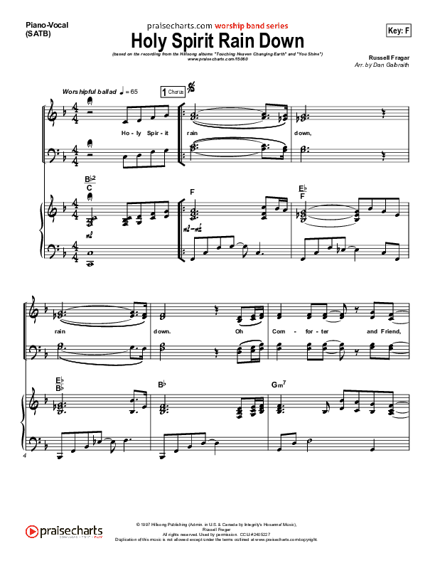 Holy Spirit Rain Down Piano/Vocal (Hillsong Worship)