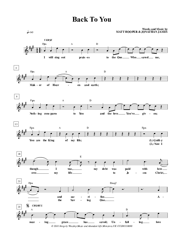 Back To You Lead Sheet (ALM:uk)